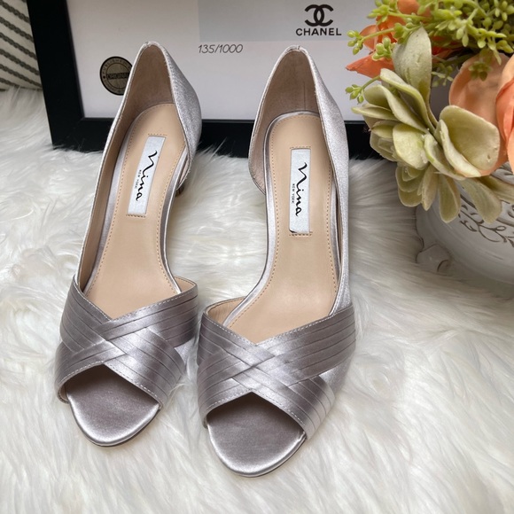 Womens Contesa Blue Satin D'Orsay Pumps With A Peep-Toe On A Mid-Heel | Nina Shoes